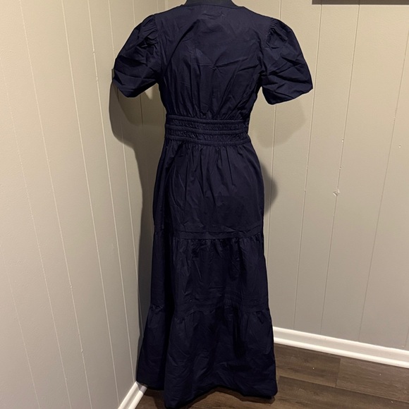 B19 Quince Puff Sleeve Smocked Waist Modest Dark Navy Blue Maxi Dress - Picture 5 of 7